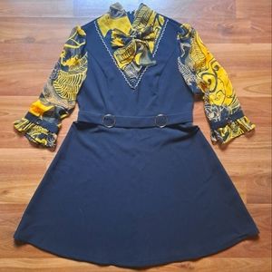 Retro Pussybow Collar Mod Vintage style Black abstract print sheer Yellow Dress